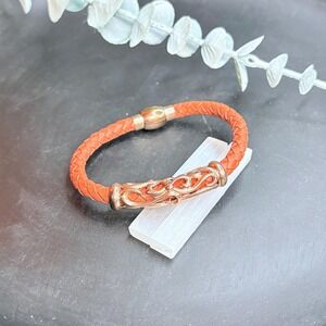 Orange Braided Leather Bracelet | Celtic Knot Metal Accent Bracelet | Boho